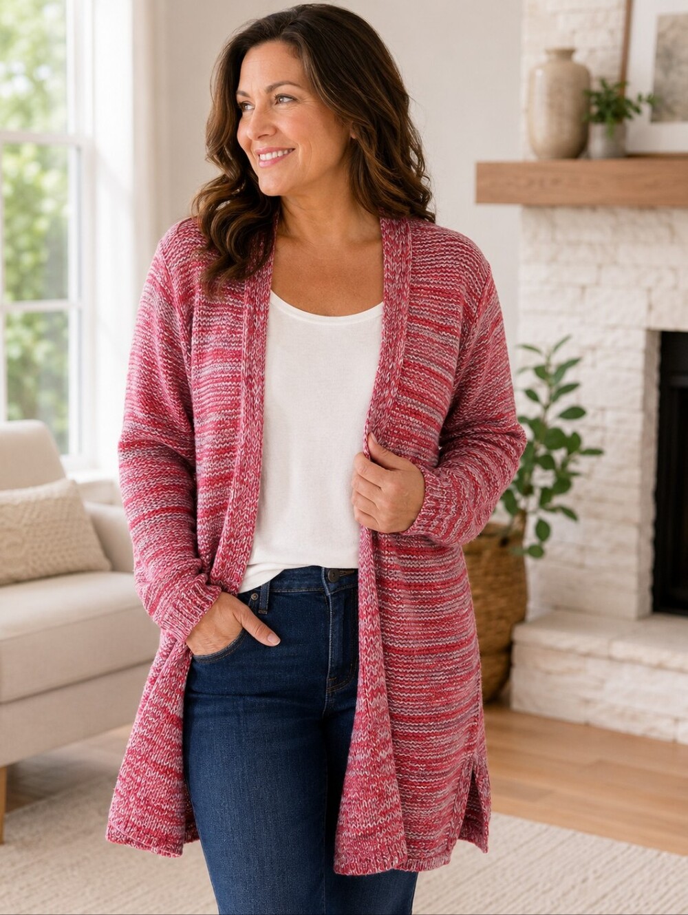 J. Jill Pure Jill XL Red Marled Open Front 100% Cotton Knit Cardigan Sweater
